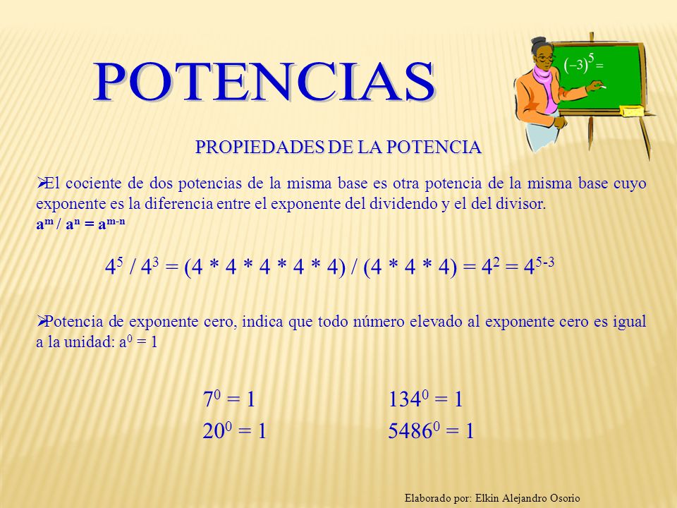 POTENCIAS 45 / 43 = (4 * 4 * 4 * 4 * 4) / (4 * 4 * 4) = 42 = 45-3
