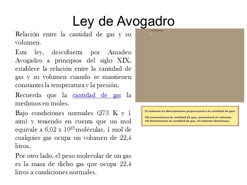 Ley de Avogadro Relación entre la cantidad de gas y su volumen.