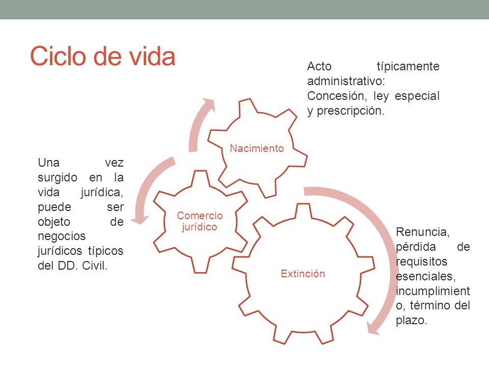 Ciclo de vida Acto típicamente administrativo: Concesión, ley especial y prescripción. Extinción. Comercio jurídico.