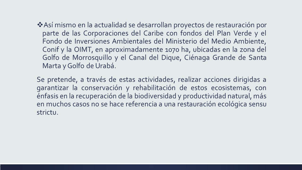 Así mismo en la actualidad se desarrollan proyectos de restauración por parte de las Corporaciones del Caribe con fondos del Plan Verde y el Fondo de Inversiones Ambientales del Ministerio del Medio Ambiente, Conif y la OIMT, en aproximadamente 1070 ha, ubicadas en la zona del Golfo de Morrosquillo y el Canal del Dique, Ciénaga Grande de Santa Marta y Golfo de Urabá.