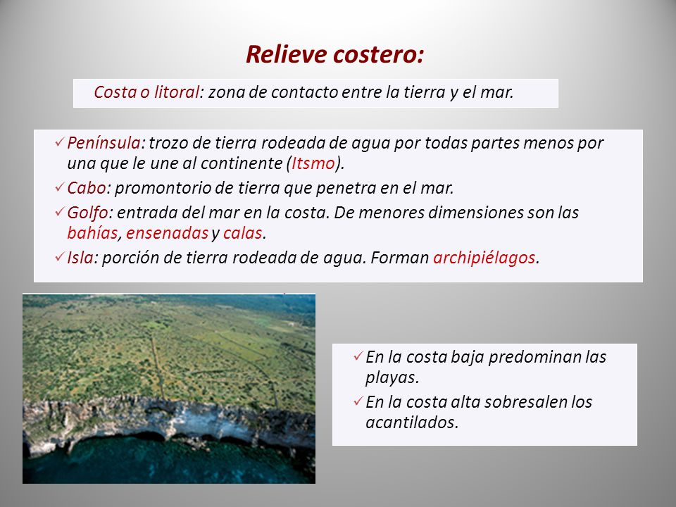 Relieve costero: Costa o litoral: zona de contacto entre la tierra y el mar.