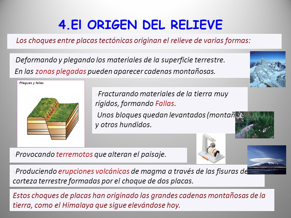 4.El ORIGEN DEL RELIEVE Los choques entre placas tectónicas originan el relieve de varias formas: