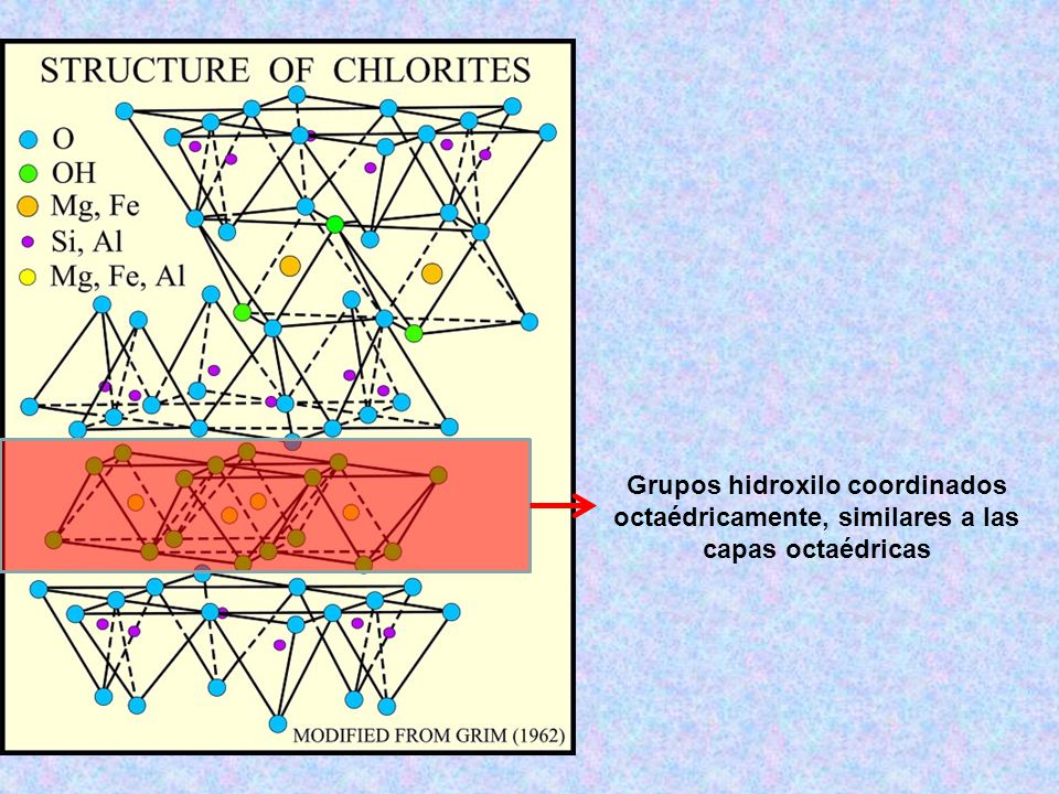 Grupos hidroxilo coordinados octaédricamente, similares a las capas octaédricas