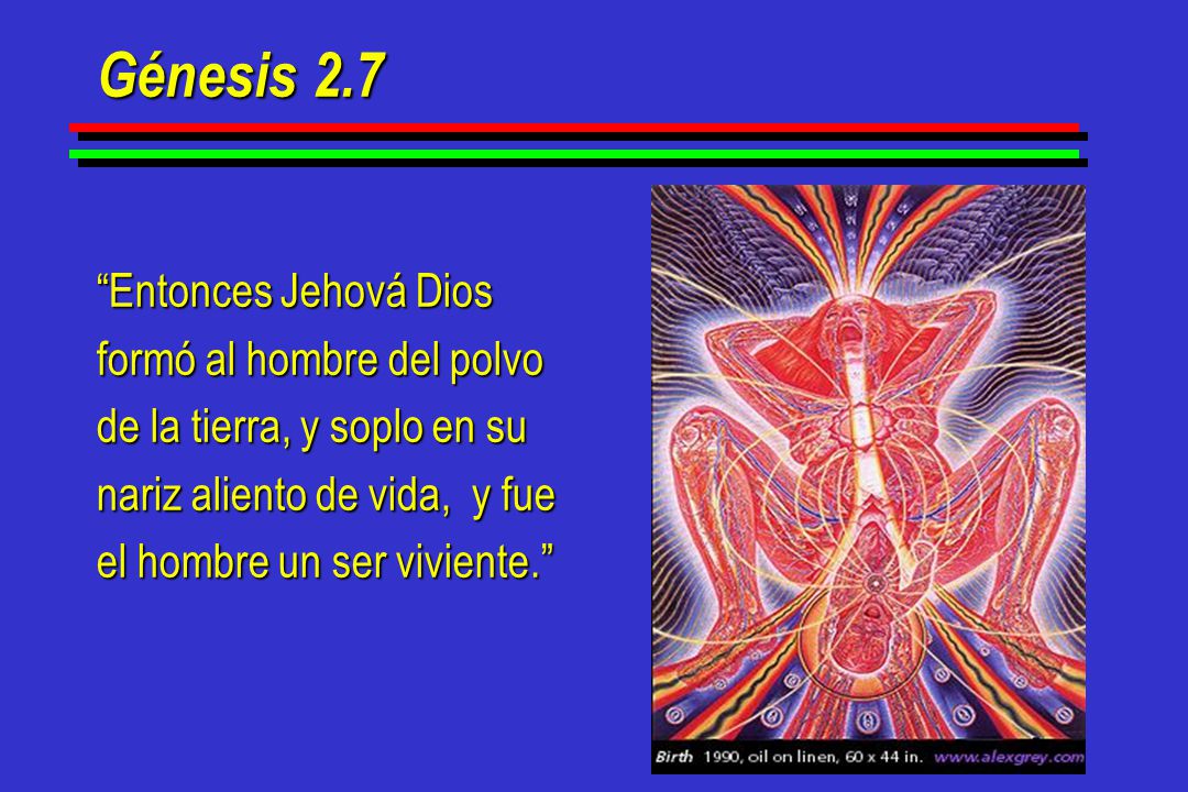 Génesis 2.7 Entonces Jehová Dios formó al hombre del polvo de la tierra, y soplo en su nariz aliento de vida, y fue el hombre un ser viviente.