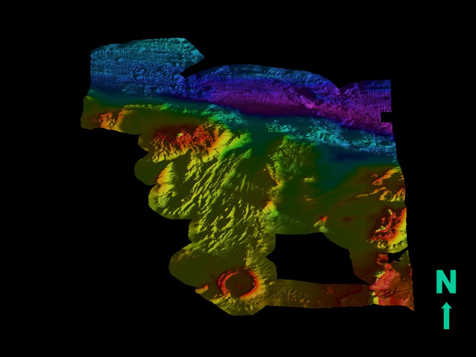 3-D visualization of highest resolution map ever of Tonga Fracture Zone and King’s Triple Junction region, southwest Pacific ocean (between Fiji and Samoa). Arrow points to seafloor just to the east