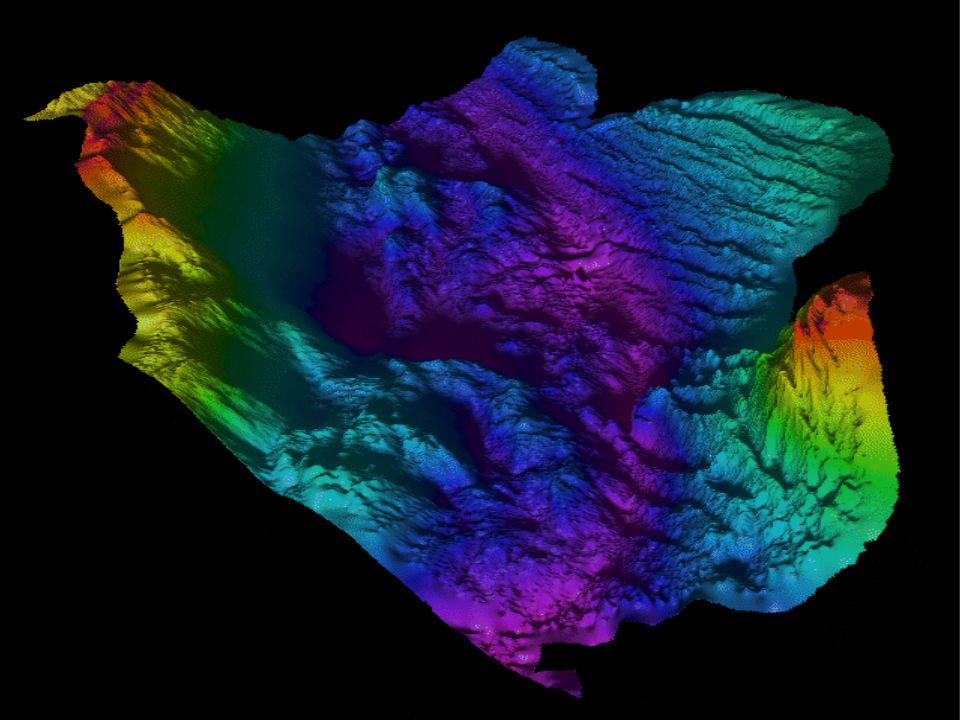 Seafloor just to the east of previous image - bend in Tonga Trench, one of the most complicated pieces of seafloor in the western Pacific due to transition here between TWO kinds of plate boundaries: strike-slip (seafloor sliding past each other) and subduction (seafloor being destroyed or recycled back into the Earth)