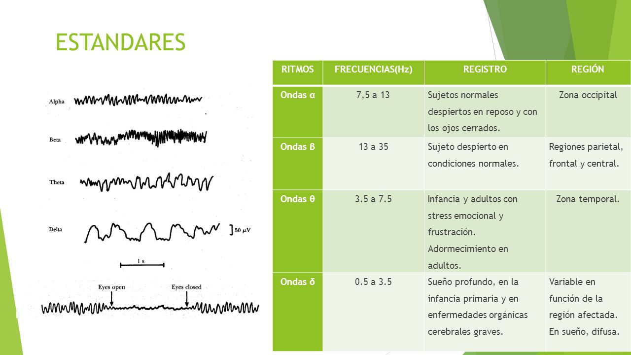 ESTANDARES RITMOS FRECUENCIAS(Hz) REGISTRO REGIÓN Ondas α 7,5 a 13