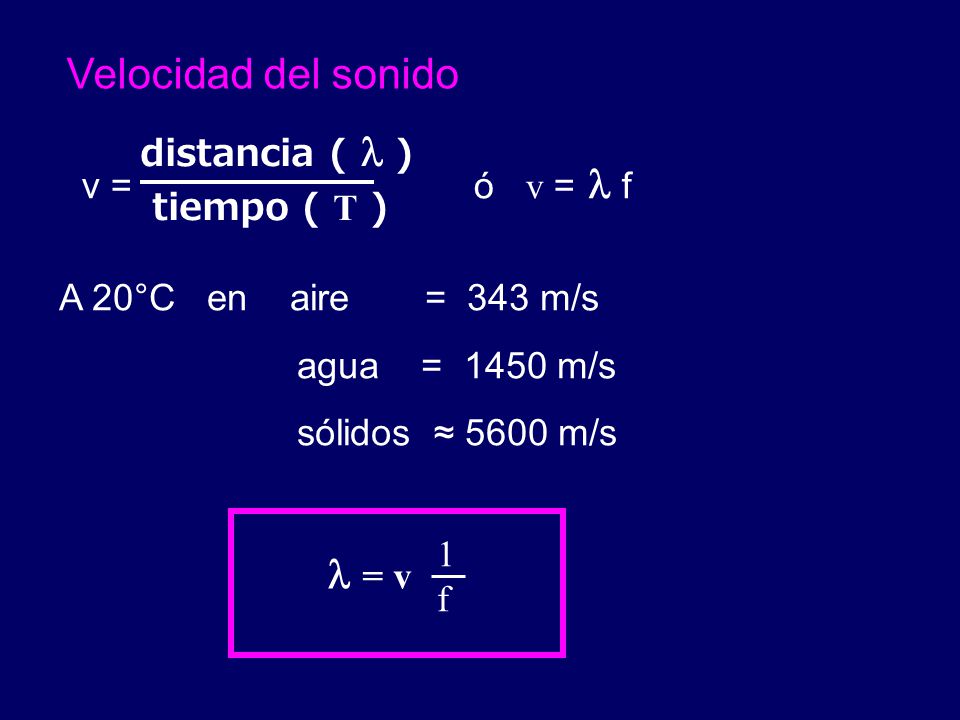 Velocidad del sonido  = v distancia (  ) tiempo ( T ) v = ó v = f