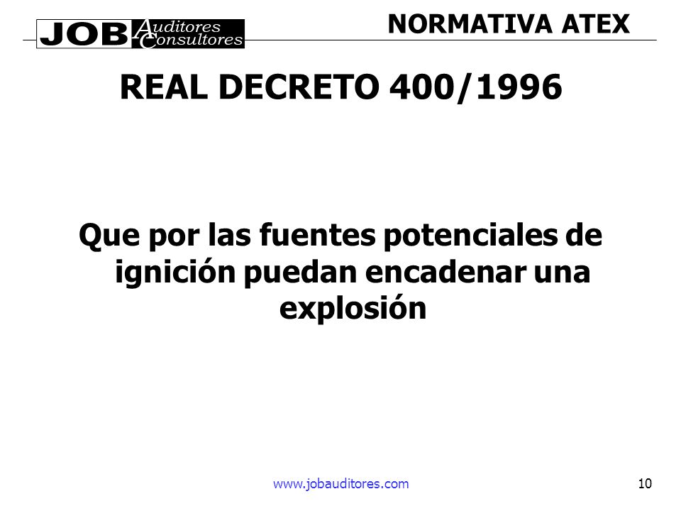 REAL DECRETO 400/1996 Que por las fuentes potenciales de ignición puedan encadenar una explosión.