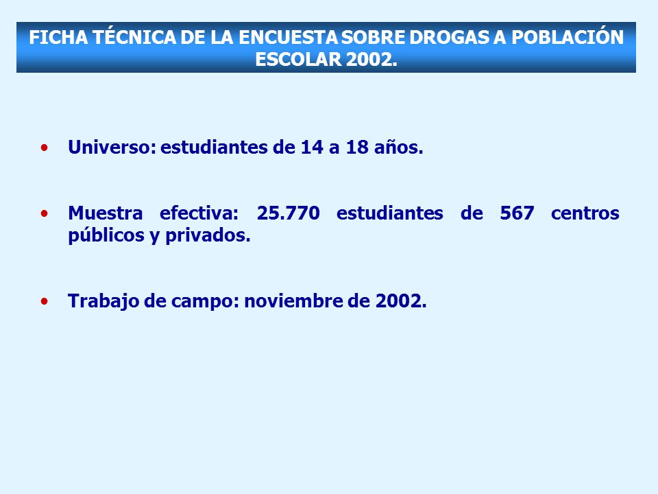 FICHA TÉCNICA DE LA ENCUESTA SOBRE DROGAS A POBLACIÓN ESCOLAR 2002.