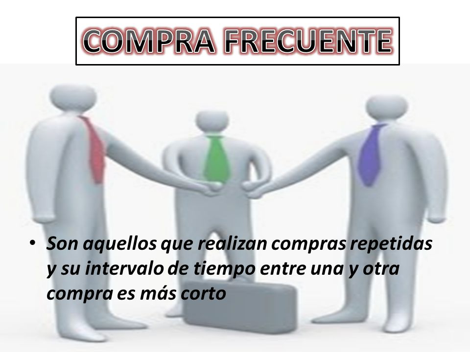 COMPRA FRECUENTE Son aquellos que realizan compras repetidas y su intervalo de tiempo entre una y otra compra es más corto.