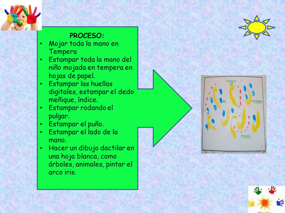 PROCESO: Mojar toda la mano en Tempera. Estampar toda la mano del niño mojada en tempera en hojas de papel.
