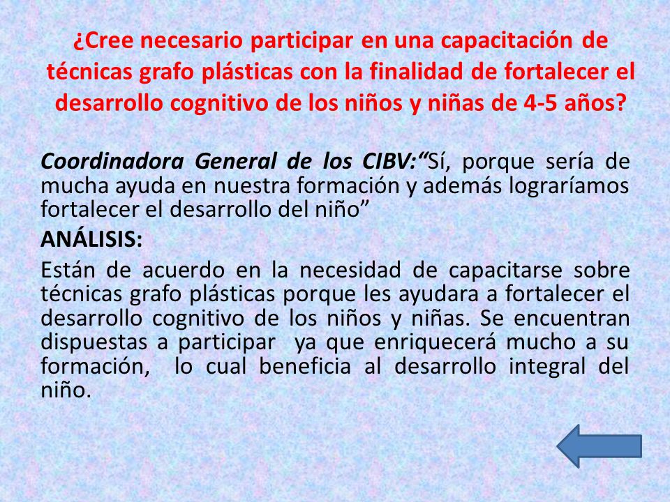 ¿Cree necesario participar en una capacitación de técnicas grafo plásticas con la finalidad de fortalecer el desarrollo cognitivo de los niños y niñas de 4-5 años