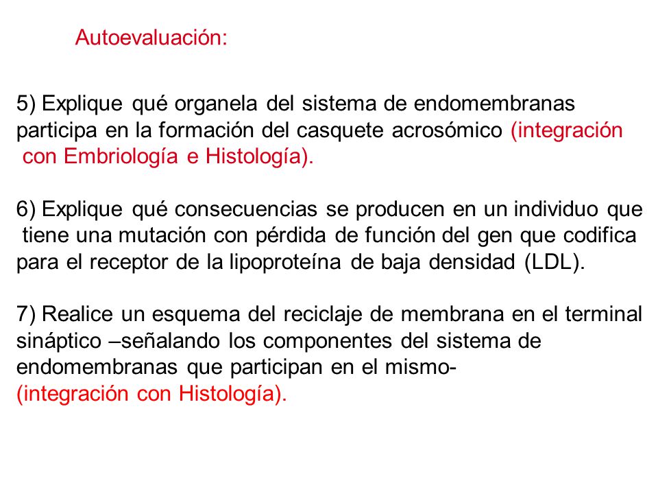 Autoevaluación: 5) Explique qué organela del sistema de endomembranas. participa en la formación del casquete acrosómico (integración.