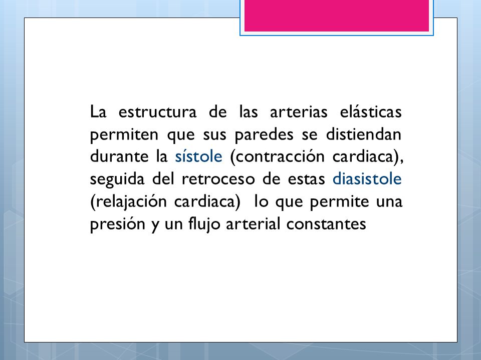 La estructura de las arterias elásticas permiten que sus paredes se distiendan durante la sístole (contracción cardiaca), seguida del retroceso de estas diasistole (relajación cardiaca) lo que permite una presión y un flujo arterial constantes