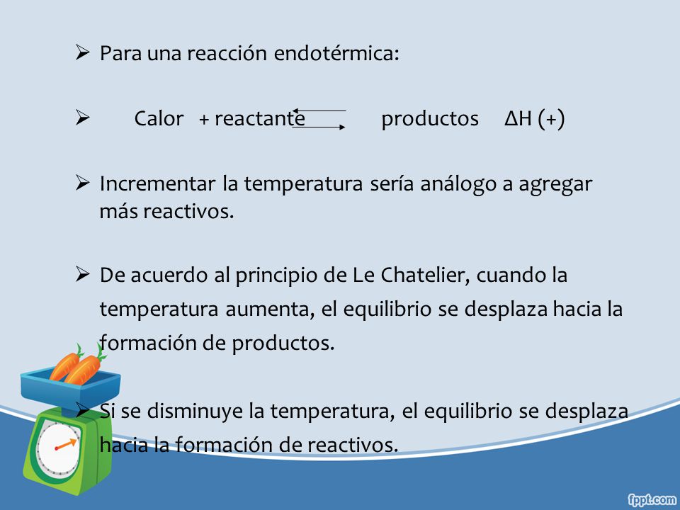 Para una reacción endotérmica: Calor + reactante productos ΔH (+)