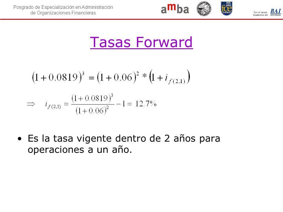 Tasas Forward Es la tasa vigente dentro de 2 años para operaciones a un año.
