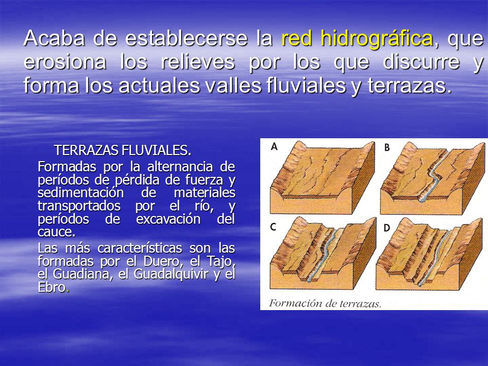 Acaba de establecerse la red hidrográfica, que erosiona los relieves por los que discurre y forma los actuales valles fluviales y terrazas.