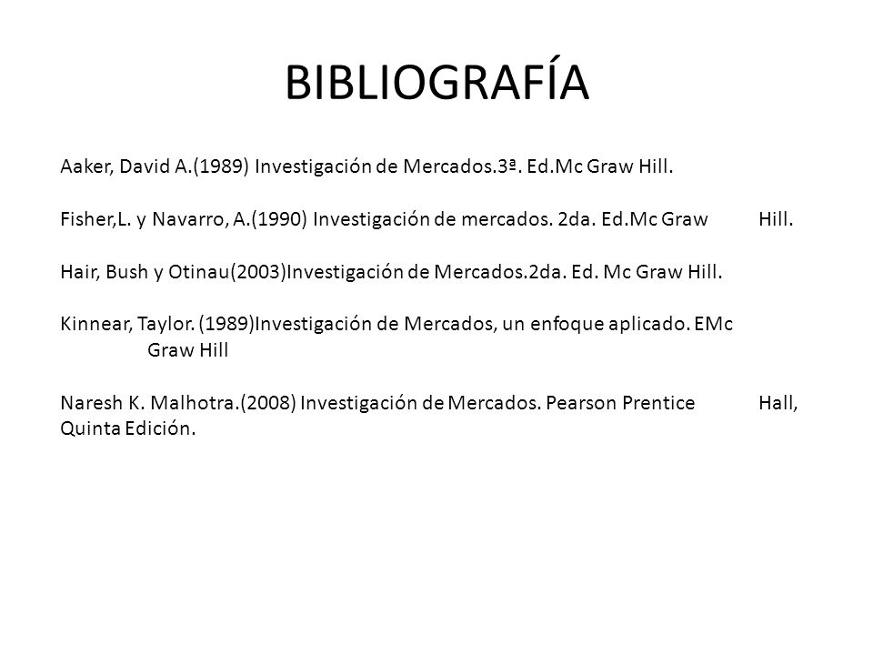 BIBLIOGRAFÍA Aaker, David A.(1989) Investigación de Mercados.3ª. Ed.Mc Graw Hill.