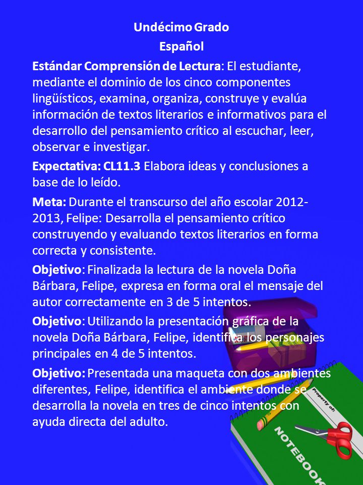 Undécimo Grado Español Estándar Comprensión de Lectura: El estudiante, mediante el dominio de los cinco componentes lingüísticos, examina, organiza, construye y evalúa información de textos literarios e informativos para el desarrollo del pensamiento crítico al escuchar, leer, observar e investigar.
