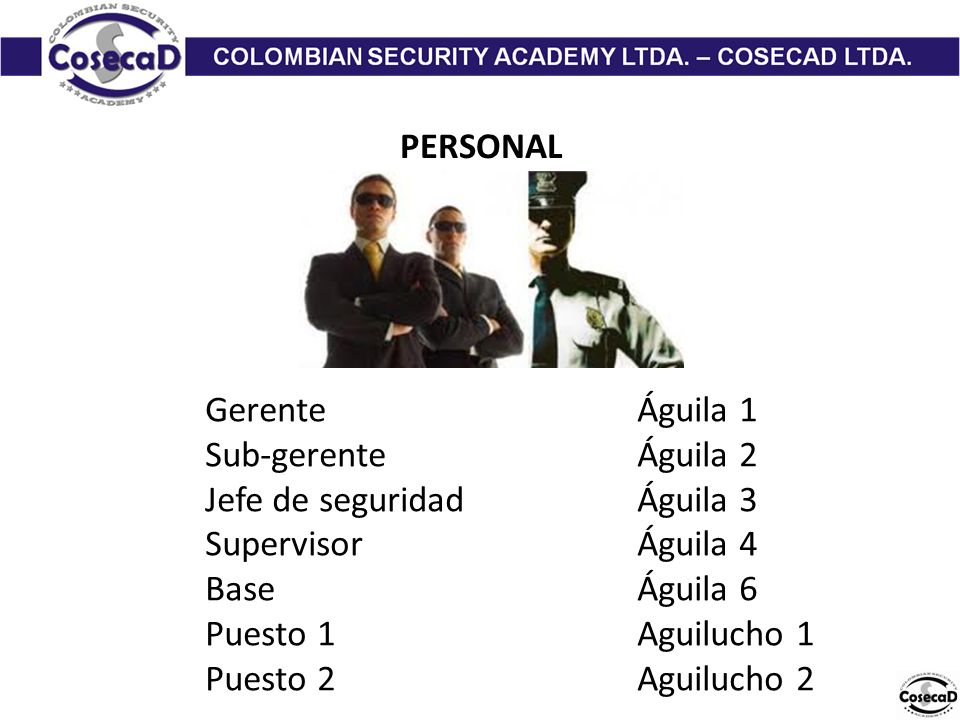 PERSONAL Gerente Águila 1. Sub-gerente Águila 2. Jefe de seguridad Águila 3. Supervisor Águila 4.