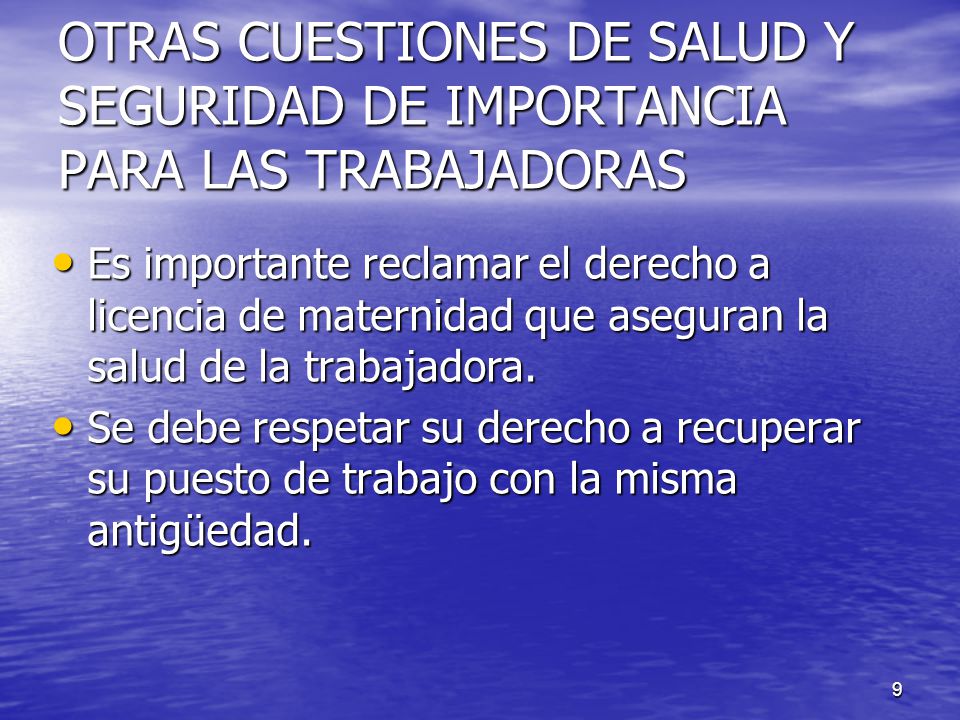 OTRAS CUESTIONES DE SALUD Y SEGURIDAD DE IMPORTANCIA PARA LAS TRABAJADORAS