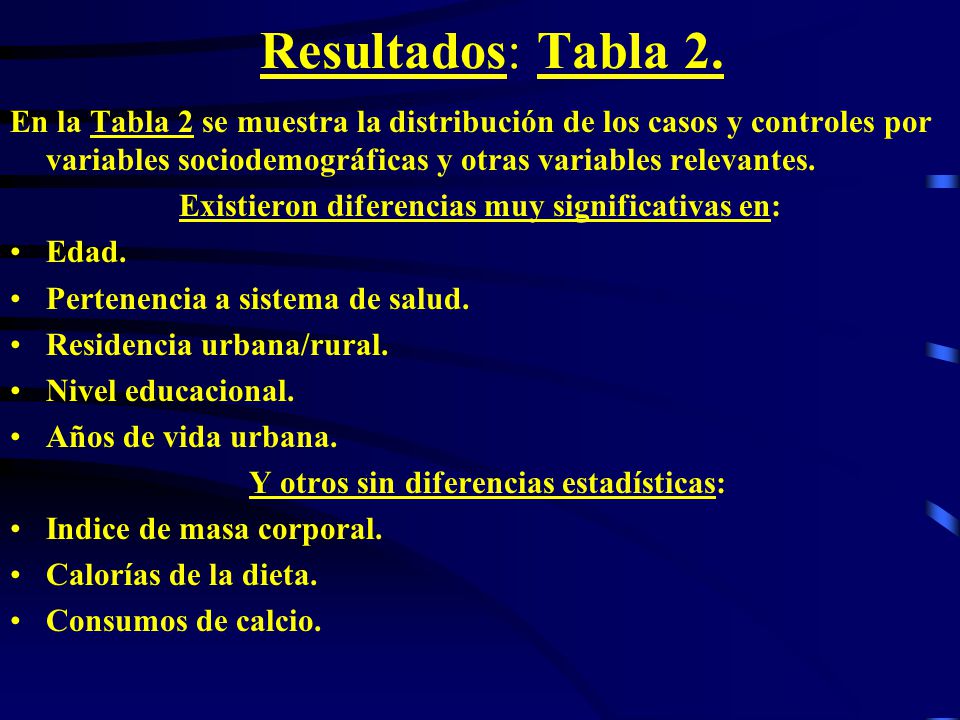 Resultados: Tabla 2. En la Tabla 2 se muestra la distribución de los casos y controles por variables sociodemográficas y otras variables relevantes.