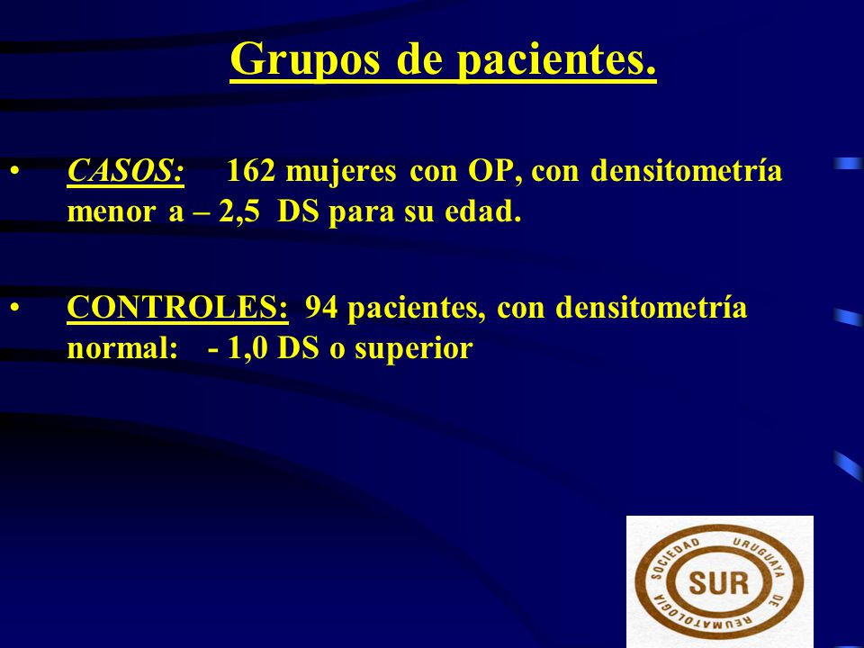 Grupos de pacientes. CASOS: 162 mujeres con OP, con densitometría menor a – 2,5 DS para su edad.