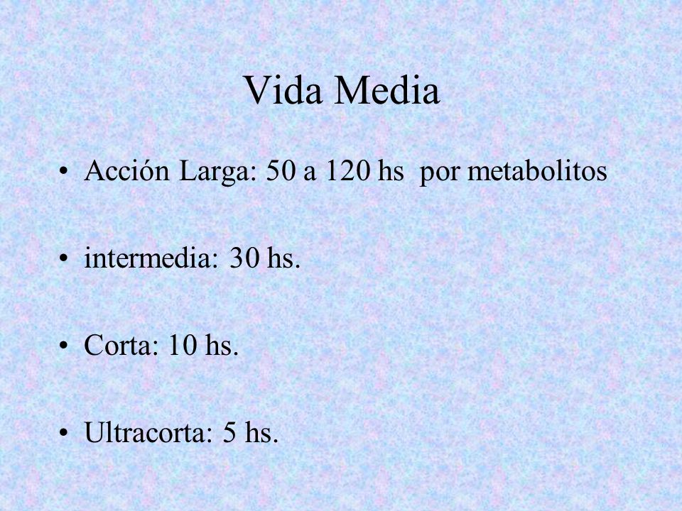 Vida Media Acción Larga: 50 a 120 hs por metabolitos