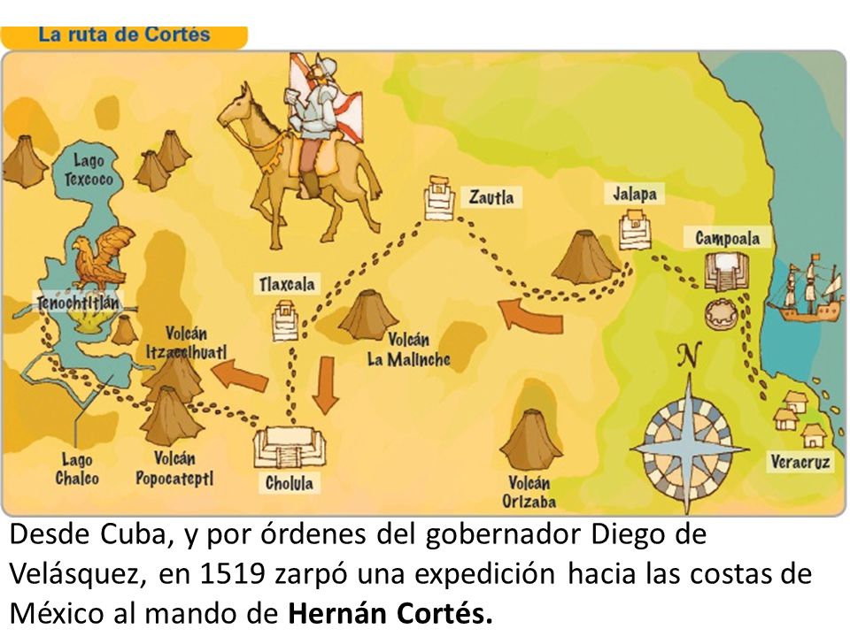 Desde Cuba, y por órdenes del gobernador Diego de Velásquez, en 1519 zarpó una expedición hacia las costas de México al mando de Hernán Cortés.