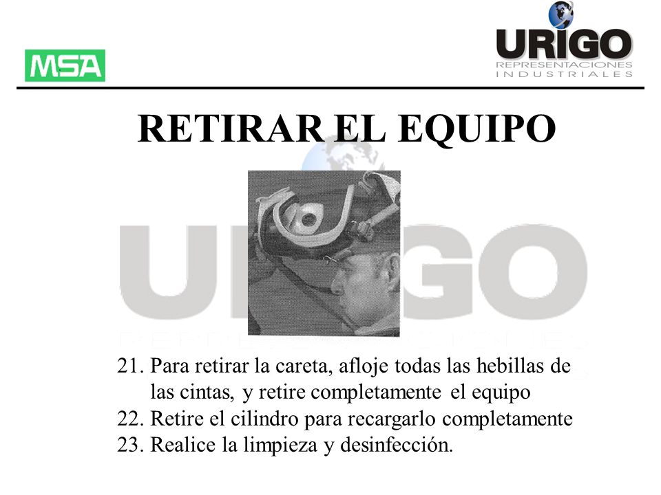 RETIRAR EL EQUIPO 21. Para retirar la careta, afloje todas las hebillas de. las cintas, y retire completamente el equipo.