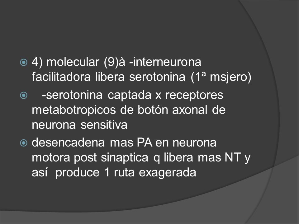 4) molecular (9)à -interneurona facilitadora libera serotonina (1ª msjero)