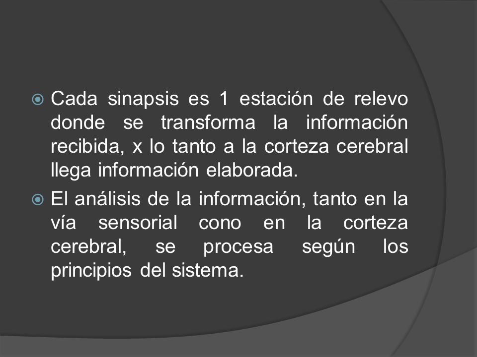Cada sinapsis es 1 estación de relevo donde se transforma la información recibida, x lo tanto a la corteza cerebral llega información elaborada.