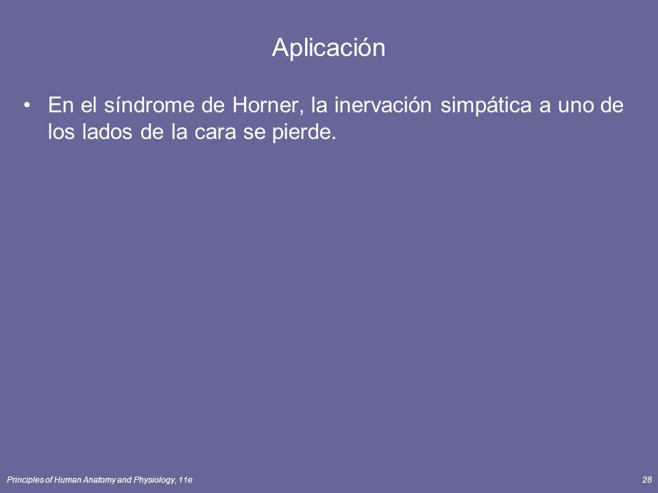 Aplicación En el síndrome de Horner, la inervación simpática a uno de los lados de la cara se pierde.