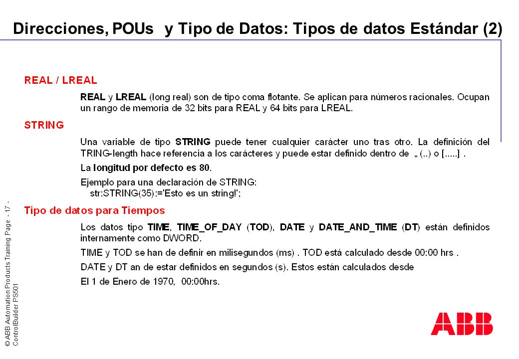 Direcciones, POUs y Tipo de Datos: Tipos de datos Estándar (2)