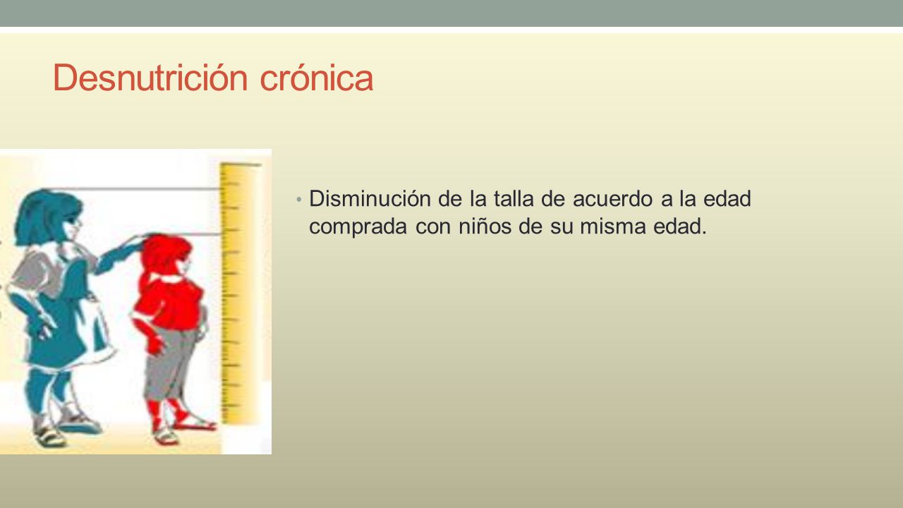 Desnutrición crónica Disminución de la talla de acuerdo a la edad comprada con niños de su misma edad.