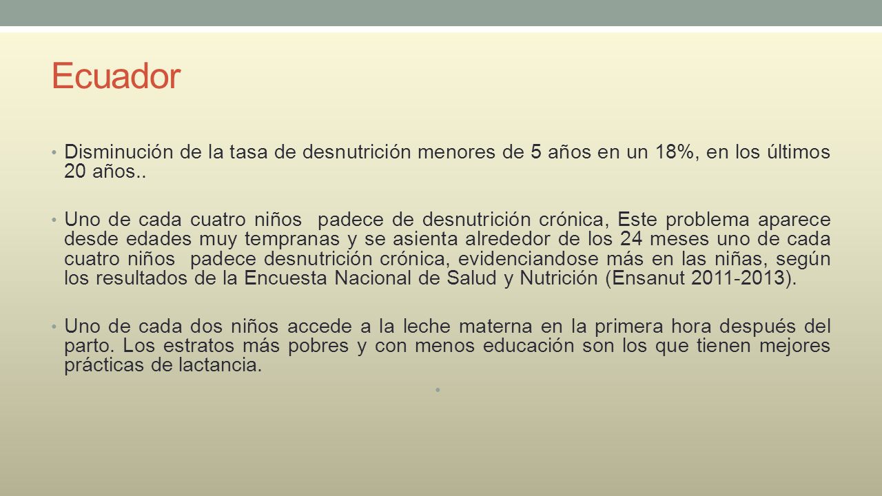 Ecuador Disminución de la tasa de desnutrición menores de 5 años en un 18%, en los últimos 20 años..