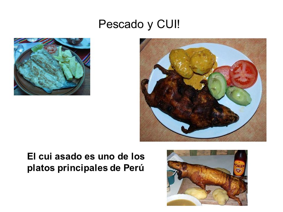 Pescado y CUI! El cui asado es uno de los platos principales de Perú