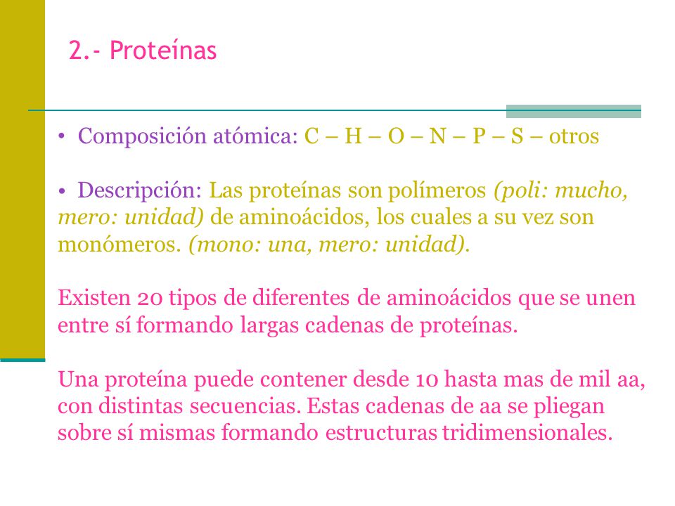 2.- Proteínas Composición atómica: C – H – O – N – P – S – otros