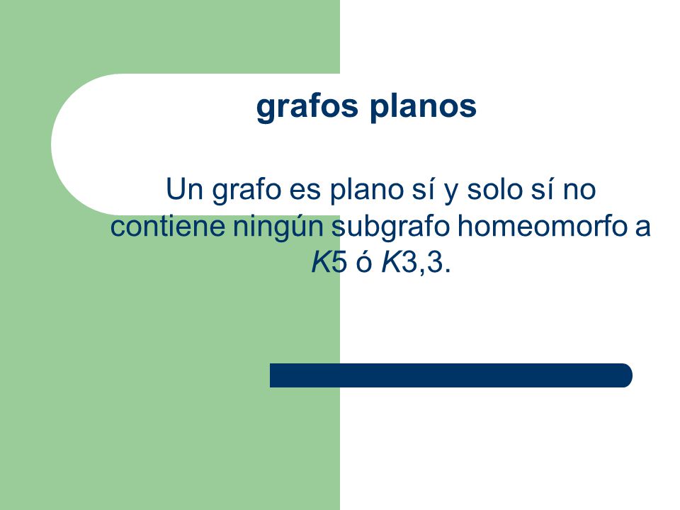 grafos planos Un grafo es plano sí y solo sí no contiene ningún subgrafo homeomorfo a K5 ó K3,3.