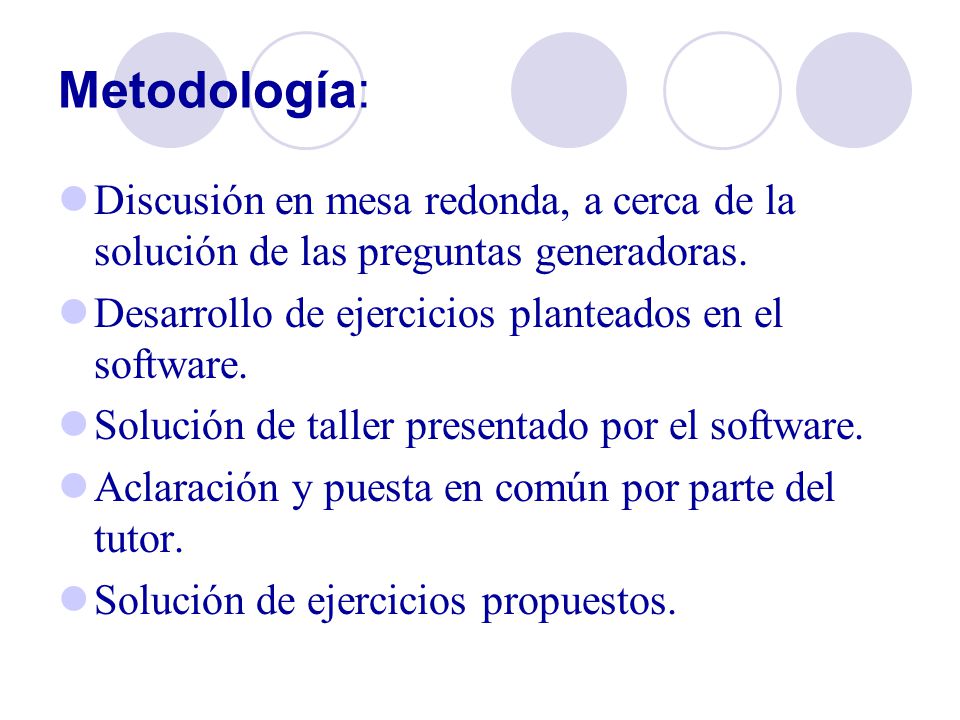 Metodología: Discusión en mesa redonda, a cerca de la solución de las preguntas generadoras. Desarrollo de ejercicios planteados en el software.