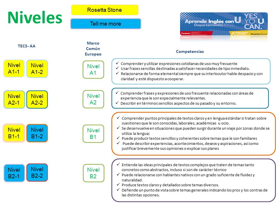 Niveles Rosetta Stone Tell me more Nivel A1-1 Nivel A1-2 Nivel A1