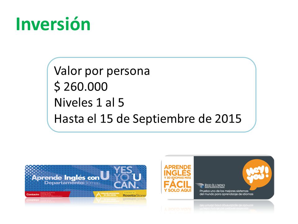 Inversión Valor por persona $ Niveles 1 al 5