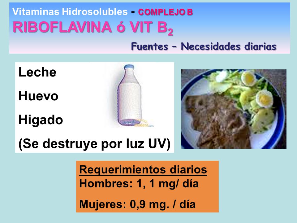 RIBOFLAVINA ó VIT B2 Leche Huevo Higado (Se destruye por luz UV)