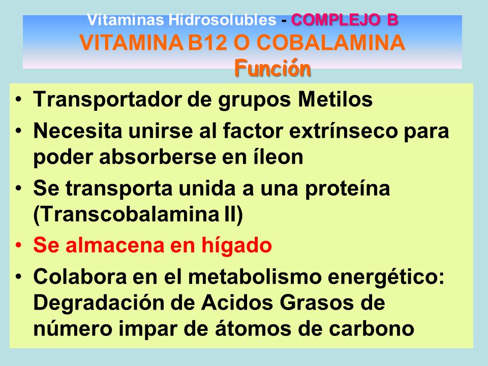 Vitaminas Hidrosolubles - COMPLEJO B VITAMINA B12 O COBALAMINA Función
