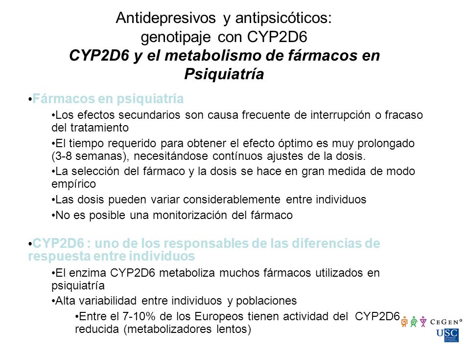 Antidepresivos y antipsicóticos: genotipaje con CYP2D6 CYP2D6 y el metabolismo de fármacos en Psiquiatría