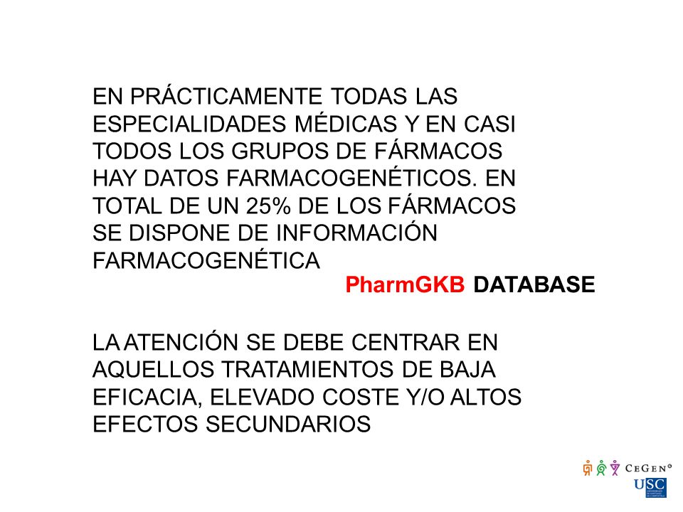 EN PRÁCTICAMENTE TODAS LAS ESPECIALIDADES MÉDICAS Y EN CASI TODOS LOS GRUPOS DE FÁRMACOS HAY DATOS FARMACOGENÉTICOS. EN TOTAL DE UN 25% DE LOS FÁRMACOS SE DISPONE DE INFORMACIÓN FARMACOGENÉTICA