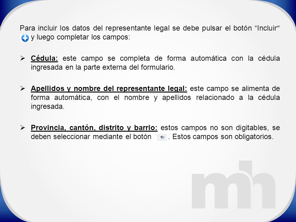 Para incluir los datos del representante legal se debe pulsar el botón Incluir y luego completar los campos: