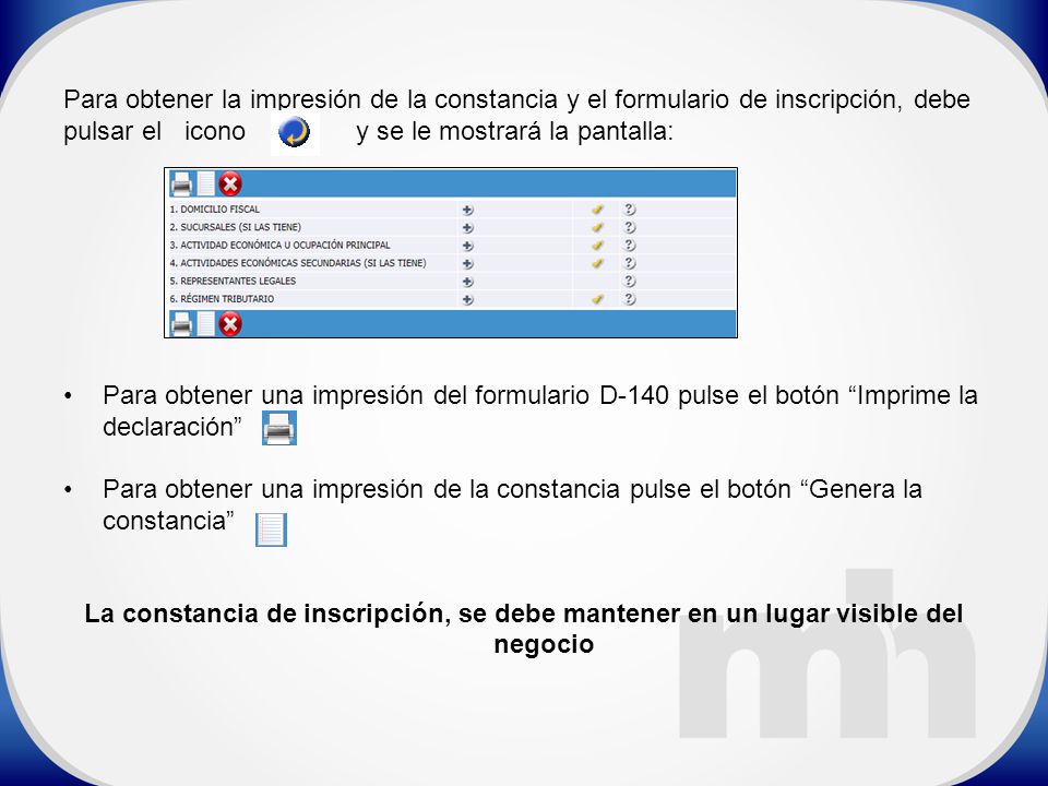 Para obtener la impresión de la constancia y el formulario de inscripción, debe pulsar el icono y se le mostrará la pantalla: