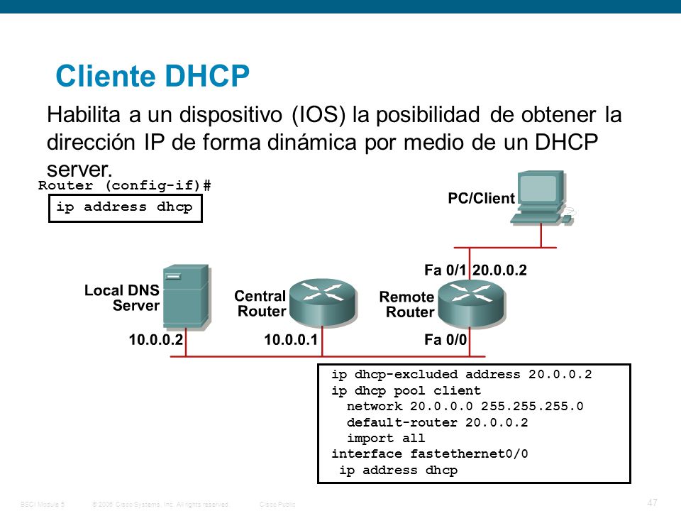 Cliente DHCP Habilita a un dispositivo (IOS) la posibilidad de obtener la dirección IP de forma dinámica por medio de un DHCP server.